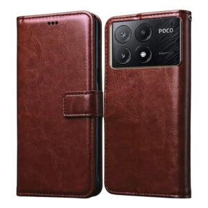 Amazon Brand - Solimo Flip Leather Mobile Cover (Soft, Flexible Amazon Brand - Solimo Flip Leather Mobile Cover (Soft, Flexible & Kickstand Back case) Compatible for Poco X6 Pro 5G / Mi Redmi K70E 5G (Brown)