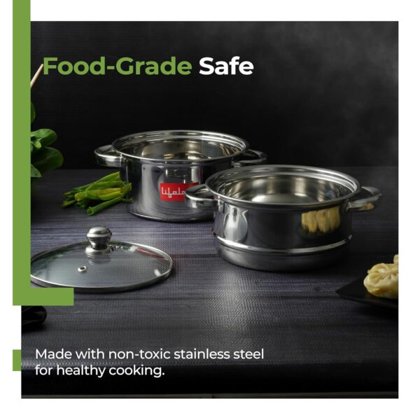 Lifelong 2-Tier Steamer/Momo/Modak Maker | Induction Compitable with Glass Lid & Riveted Handles | 18 cm Stainless Steel Multi-Purpose Cooking Steamer (LLMOM01)