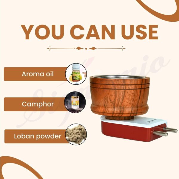 SIGNAMIO® Kapoor Kapur Dani Camphor Karpuram Bakhoor Oud Aroma Oil Diffuser Incense Dhoop Burner Electrical Stand Machine for Home Fragrance Room Freshener -DN-1, Sheesham Wood