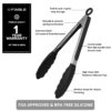 FiABLE Premium Steel and Silicone Food Tongs for Kitchen, Airfryer, Barbeque and Serving - 10 inch - 1 Year Warranty - FDA Approved Silicone, 230°C Heat-Resistant - Black