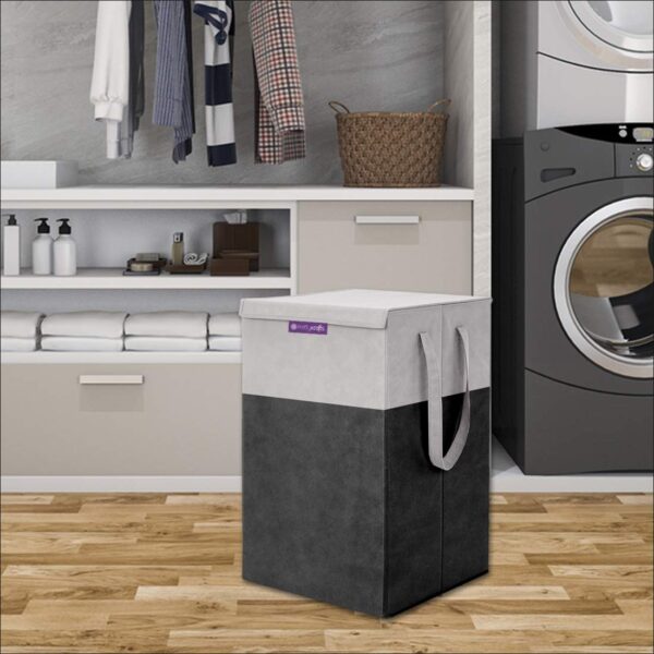 PrettyKrafts 35 L Non Woven Rectangular Foldable Large Laundry Bag/Basket With Lid & Handles, Freestanding Clothes Storage Organizer for Bedroom, Dorm (30x30x40cm, Black, Set of 1)