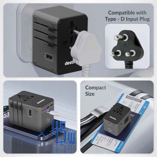 Destinio Universal Travel Adapter - 6-in-1 Fast Charging International Charger with PD, Type C & 3 USB Ports - All-in-One for US, UK, Europe (45W- Type C- (6 in 1 - Grey)