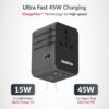 Destinio Universal Travel Adapter - 6-in-1 Fast Charging International Charger with PD, Type C & 3 USB Ports - All-in-One for US, UK, Europe (45W- Type C- (6 in 1 - Grey)
