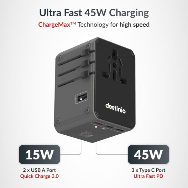 Destinio Universal Travel Adapter - 6-in-1 Fast Charging International Charger with PD, Type C & 3 USB Ports - All-in-One for US, UK, Europe (45W- Type C- (6 in 1 - Grey)
