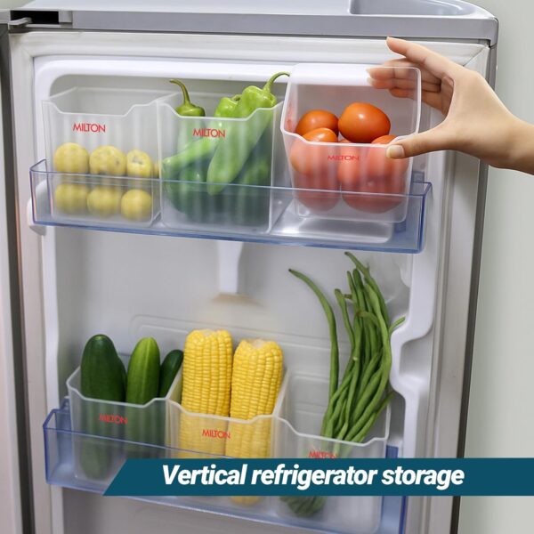 MILTON Cryo Fridge Storage Containers for Door - Set of 6, Stackable, Space-Saving Transparent Plastic Containers with Waterproof Stickers, Multipurpose Kitchen Organizer for Fruits, Vegetables & More
