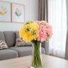 SATYAM KRAFT 2 Pcs Artificial Hydrangea Dahlia Flowers 7-Stem Faux Bunch Floral Bouquet For Home Decor Vase Pot & Living Room Bedroom Office Table Decoration Items (Vase Not Included)