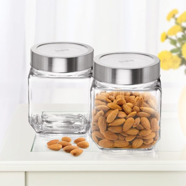 Treo by Milton Cube Storage Containers, Set of 2, Glass Jar with Air Tight Steel Lid, 580 ml each, Transparent Jars for Snacks, Pulses, Masala, Pickles, Cereals, Cookies, Dry Food