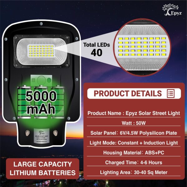 Epyz 50 Watt Solar Street Light Outdoor with Remote 40 Led Motion Sensor and Dusk to Dawn for Garden, Street, Lawn [ with Out Pole ] [ Pack of 1, Warm Yellow ]
