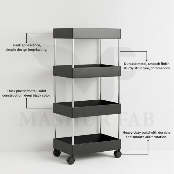 MASHUR FAB 4-Tier Rolling Storage Cart with Wheels, Black Metal Frame, Mobile Utility Organizer