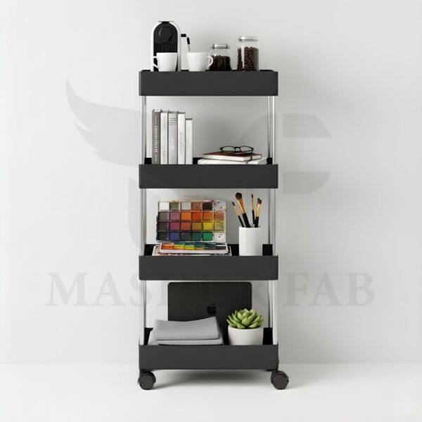 MASHUR FAB 4-Tier Rolling Storage Cart with Wheels, Black Metal Frame, Mobile Utility Organizer