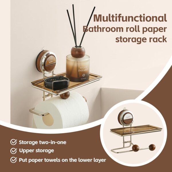 Suction Cup Toilet Paper Holder with Shelf in Bathroom | Towel & Bottle Rack for Bathroom | Towel Hangers | Self Adhesive Suction Heavy Duty, Accessories Set for Bath | Walnut Color