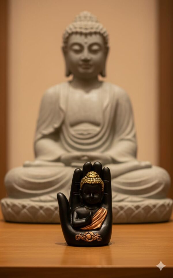 Meditating Buddha Statue in Hand Showpiece for Home Decor | Black & Gold Resin Buddha Idol for Living Room, Office, Table Decor & Gift Item (Pack of 4)