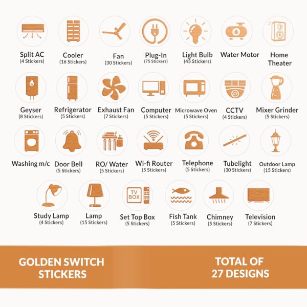 Copper Rose Gold Switch Stickers Embossed for Switch Board | Pack of 330 Stickers for Home Including Fan, Light and Many More