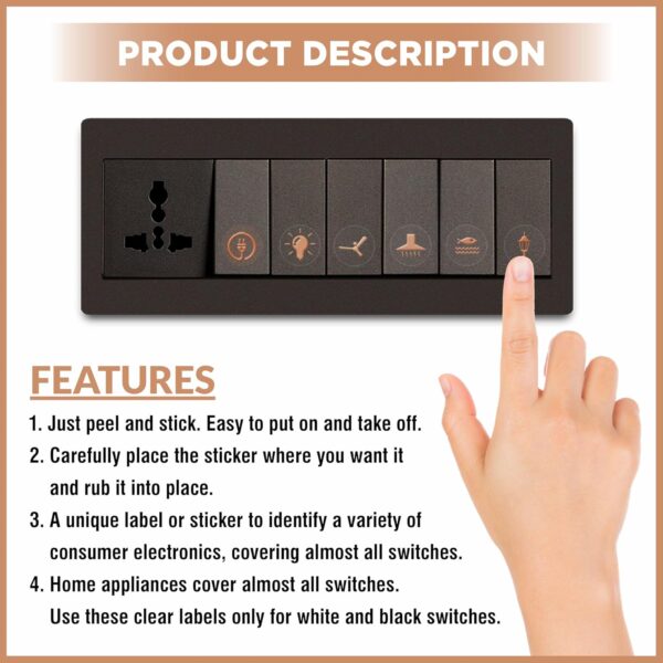 Copper Rose Gold Switch Stickers Embossed for Switch Board | Pack of 330 Stickers for Home Including Fan, Light and Many More