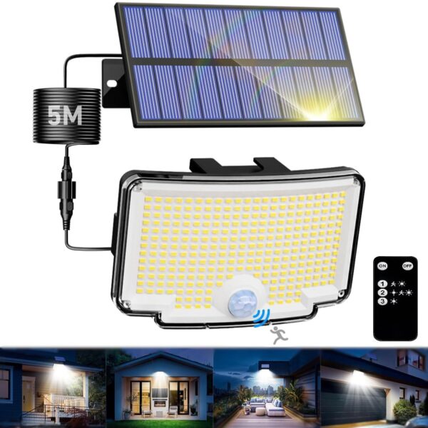 XERGY Solar LED Flood Light – 310 LED Curved Wide-Angle Outdoor Security Wall Light with Motion Sensor & Remote Control | Waterproof | 5-Meter Attached Cable for Home, Garden, Parking, Gate & Yard