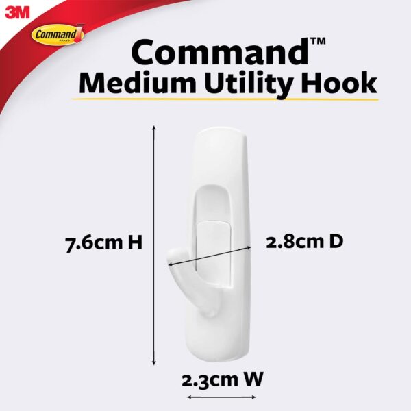 3M Command Medium Wall Hooks, Holds 1.3kg, No paint damage, Heavy Duty, Holds Strongly, Reusable, Adhesive hooks for wall, Multi-surface (White, 2hooks, 4 strips)