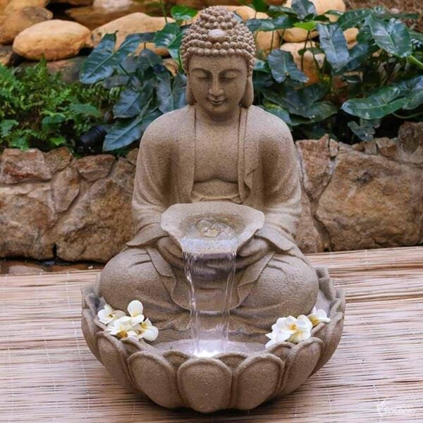 R.K Decor HUB Kamal Buddha Water Fountain Big Size|3 Feet Kamal Buddha Fountain with LED Lighting for Outdoor|Water Fountain for Home & Garden (Beige, 3 Feet),Resin