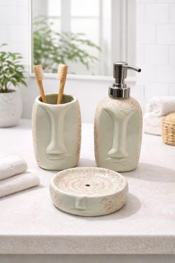 1775570118_Ceramic-Face-Design-Bathroom-Accessories-Set-of-3-–-Soap-Dispenser-with-Pump-Toothbrush-Holder-Soap-Dish-Modern-Artistic-Washroom-Set-Decorative-Countertop-Bath-Set-Matte-Green.jpg Ceramic Face Design Bathroom Accessories Set of 3 – Soap Dispenser with Pump, Toothbrush Holder & Soap Dish | Modern Artistic Washroom Set | Decorative Countertop Bath Set (Matte Green)