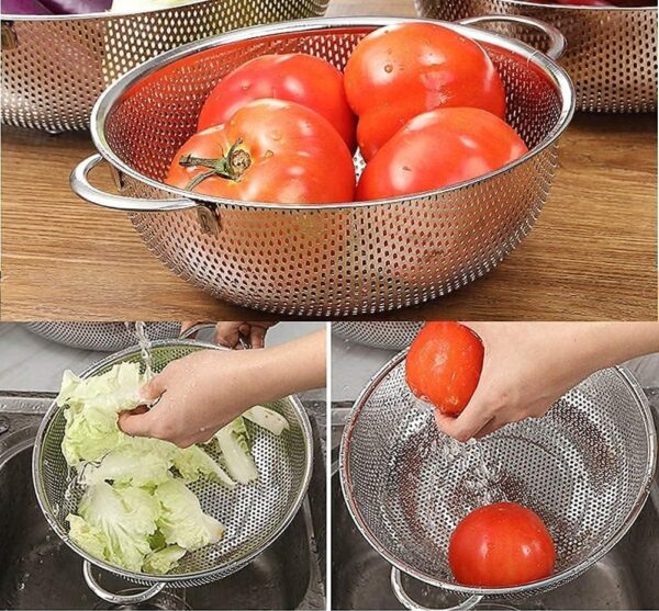 Multipurpose Stainless Steel Colander for Washing Fruits, Rice Strainer, Vegetables Filter Easily in The Kitchen Bowl (Medium) 28.5 x 28.5 x 10 CM, Silver