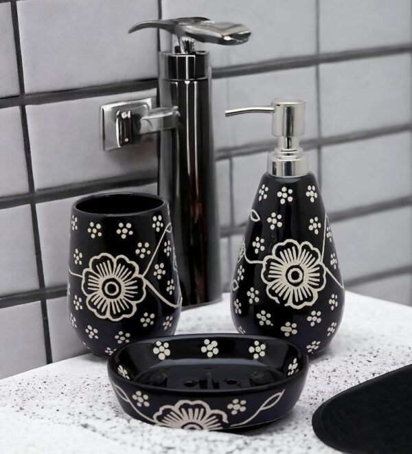Premium Ceramic Bathroom Accessories Set of 3 | Modern Luxury Bath Set with 300ml Soap Dispenser, Toothbrush Holder & Soap Dish | Home Décor Item| Best for Gift | (Black & White)