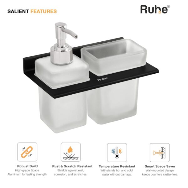 Ruhe Ember Wall-Mounted Soap Dispenser With Tumbler Holder, Black | Space Aluminium | Easy Refill Glass Dispenser & Removable Tumbler | Modern Bathroom Organizer