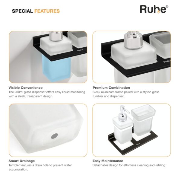 Ruhe Ember Wall-Mounted Soap Dispenser With Tumbler Holder, Black | Space Aluminium | Easy Refill Glass Dispenser & Removable Tumbler | Modern Bathroom Organizer