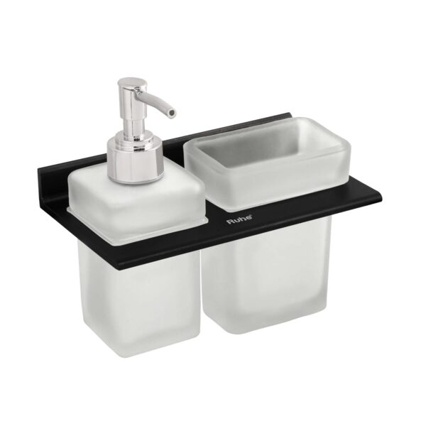 Ruhe Ember Wall-Mounted Soap Dispenser With Tumbler Holder, Black | Space Aluminium | Easy Refill Glass Dispenser & Removable Tumbler | Modern Bathroom Organizer