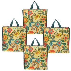 DOUBLE R BAGS Reusable Multi-Purpose Shopping Bags with Handles for Grocery, Vegetables & Kitchen Essentials | Tote Bag (Pack of 4, Flower Print, Multicolor, 35.6X35.6X12.7 cm, 1 Compartment)