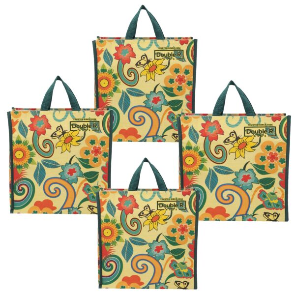 DOUBLE R BAGS Reusable Multi-Purpose Shopping Bags with Handles for DOUBLE R BAGS Reusable Multi-Purpose Shopping Bags with Handles for Grocery, Vegetables & Kitchen Essentials | Tote Bag (Pack of 4, Flower Print, Multicolor, 35.6X35.6X12.7 cm, 1 Compartment)