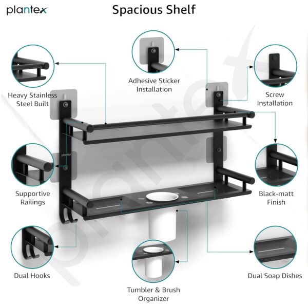 Plantex 5in1 Bathroom Organiser Without Drill/Stainless Steel Bathroom Shelf/Rack with Steel Soap Stand for Wall/Tumbler/Brush Holder/Bathroom Fittings Accessories Set (Black)