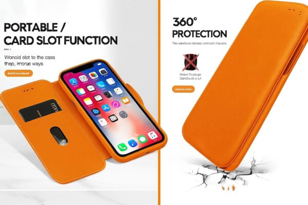 WHITBULL PU Leather Magnetic Premium Flip Cover with 2 Card Slot for iPhone 17 Pro - Orange