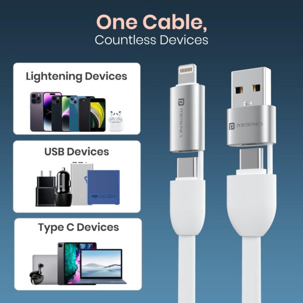 Portronics Keylink 4 in 1 Multifunctional Fast Charging Cable With In Built KeyChain, 25cm Length, Tangle Free Flat Cable, Type C to Type C/Lightening, USB A, Fast Data Sync (White)