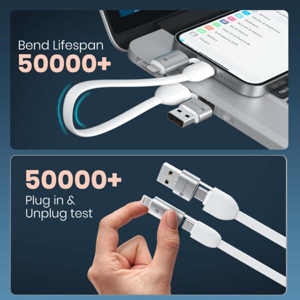 Portronics Keylink 4 in 1 Multifunctional Fast Charging Cable With In Built KeyChain, 25cm Length, Tangle Free Flat Cable, Type C to Type C/Lightening, USB A, Fast Data Sync (White)