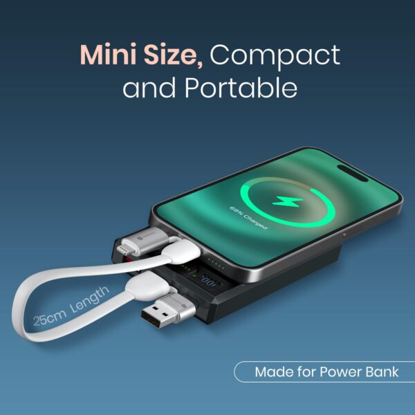 Portronics Keylink 4 in 1 Multifunctional Fast Charging Cable With In Built KeyChain, 25cm Length, Tangle Free Flat Cable, Type C to Type C/Lightening, USB A, Fast Data Sync (White)