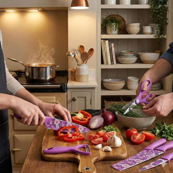 Premium Colorful Floral Printed Kitchen Knife Set with Scissor and Peeler, 6 Pieces (Purple)