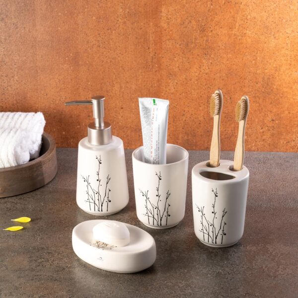 Dolphy Ceramic Bathroom Set – Stylish 4 Piece Bath Accessories Kit with Soap Dispenser, Brush Holder, Tumbler & Soap Dish – Modern & Designer Decor for Home & Guest Bathrooms- White