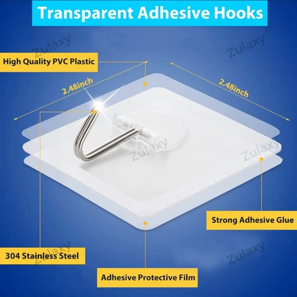 Zulaxy Hanging Hooks Without Drilling, 20 Pack Self Adhesive Hooks Heavy Duty Strong Nail Free, Kitchen Accessories Items (Hanging Hook, Transparent) Stainless Steel
