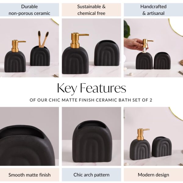 Nestasia Ceramic Bathroom Accessories Set of 2 - Liquid Soap Dispenser & Toothbrush Holder for Wash Basin & Bathroom - Matte Black Bath Set - Perfect for Gifting