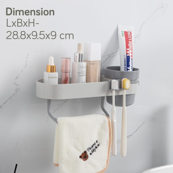 HOKIPO Wall-Mounted Bathroom Shelf with Cup Holder & Towel Rod | Stickable Bathroom Organizer | No Drill Self Adhesive Storage Rack | Magic Sticker Bathroom Accessories Set (AR-6090)