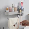 HOKIPO Wall-Mounted Bathroom Shelf with Cup Holder & Towel Rod | Stickable Bathroom Organizer | No Drill Self Adhesive Storage Rack | Magic Sticker Bathroom Accessories Set (AR-6090)