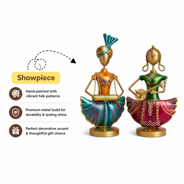 Handcrafted Indian Folk Musician Figurines Set of 2 | Hand-Painted Metal Showpiece for Home Decor | Traditional Rajasthani Art Statue | Decorative Gift Item for Living Room & Office