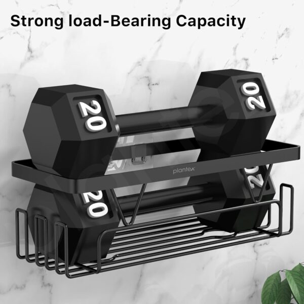 Plantex Bathroom Organiser Without Drill/Self Adhesive Bathroom Shelves and Soap Holder with Hooks/Multipurpose Shelf/Soap Stand/Kitchen Wall Mounted Shelf with Hooks- Combo (Black)