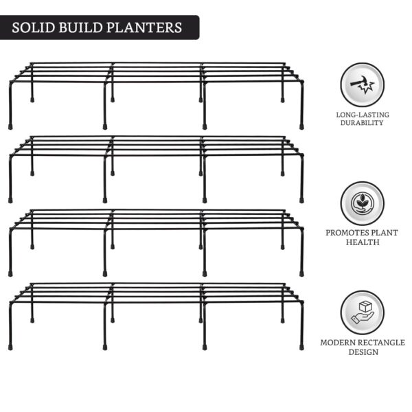 Amazon Brand - Solimo Anti-Rust Metal Plant Stand | Set of 4 | Rectangular | 120Kg Load Capacity | Galvanized Metal Planter/ Pot Stand with 7 Layer Coating | for Living Room/Outdoor/ Balcony | Black