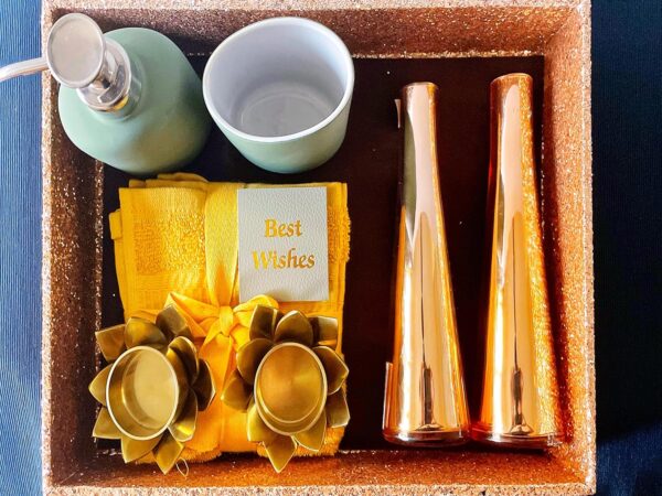 GIFTINGS | BATH DECOR | HOUSE WARMING GIFTS | FUNCTIONAL PRODUCTS | SOAP DISPENCER, TOOTH BRUSH HOLDER, GOLDEN VASE, METALLIC TEALIGHT HOLDER (Set of 2) and NAPKINS (Set of 4) in Decorative BOX