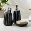 Premium Ceramic Bathroom Accessories Set of 3 | Modern Luxury Premium Ceramic Bathroom Accessories Set of 3 | Modern Luxury Bath Set with 300ml Soap Dispenser, Toothbrush Holder & Soap Dish | Home Décor Item| Best for Gift | Striped Design (Black)