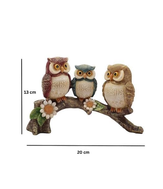 Set of 3 Owl Family Resin Figurine Sitting On Tree Branch Showpiece Statue for Table Top, Living Room, Bedroom, Office/Home Décoration, Colour Multi (13 cm Height) (Resin, Multicolor)