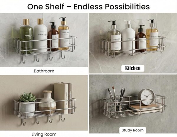 SaleOn Stainless Steel Lifetime Rust Free Self Adhesive Shelf Rack Set of 2 for Kitchen & Bathroom | No Drill Wall Mount Sink Organizer with Hooks | Kitchen Sink Wall Organiser | 1 Year Warranty