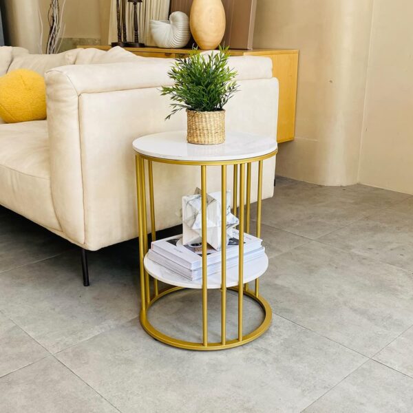 Round End Table Accent Small Sofa Side Corner Table Nightstand Modern Bedside Table for Living Room Bedroom Office Small Spaces Coffee Table Table with Storage Shelf Gold White D3