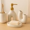 Whizzo Ceramic 4 Pcs Bathroom Accessories Set | Soap Dispenser with Golden Pump, Toothbrush Holder, Soap Dish & Tumbler | Modern Luxury Bathroom Countertop Organizer (BS-845, Light Pink)