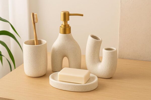 Whizzo Ceramic 4 Pcs Bathroom Accessories Set | Soap Dispenser with Golden Pump, Toothbrush Holder, Soap Dish & Tumbler | Modern Luxury Bathroom Countertop Organizer (BS-845, Light Pink)